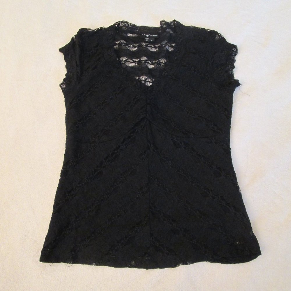 My Michelle V Neck Black Lace Shirt Textured Sleeveless Stretch Fitted Size L